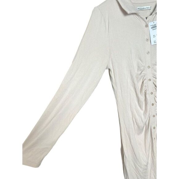Abercrombie & Fitch NWT Beige Ruched Button Long Sleeve Mini Dress Size MP - Picture 6 of 10